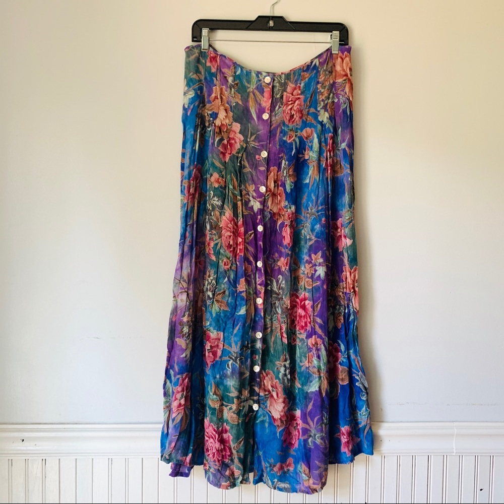 VTG Floral Gauze Button BOHO Midi Flouncy Skirt